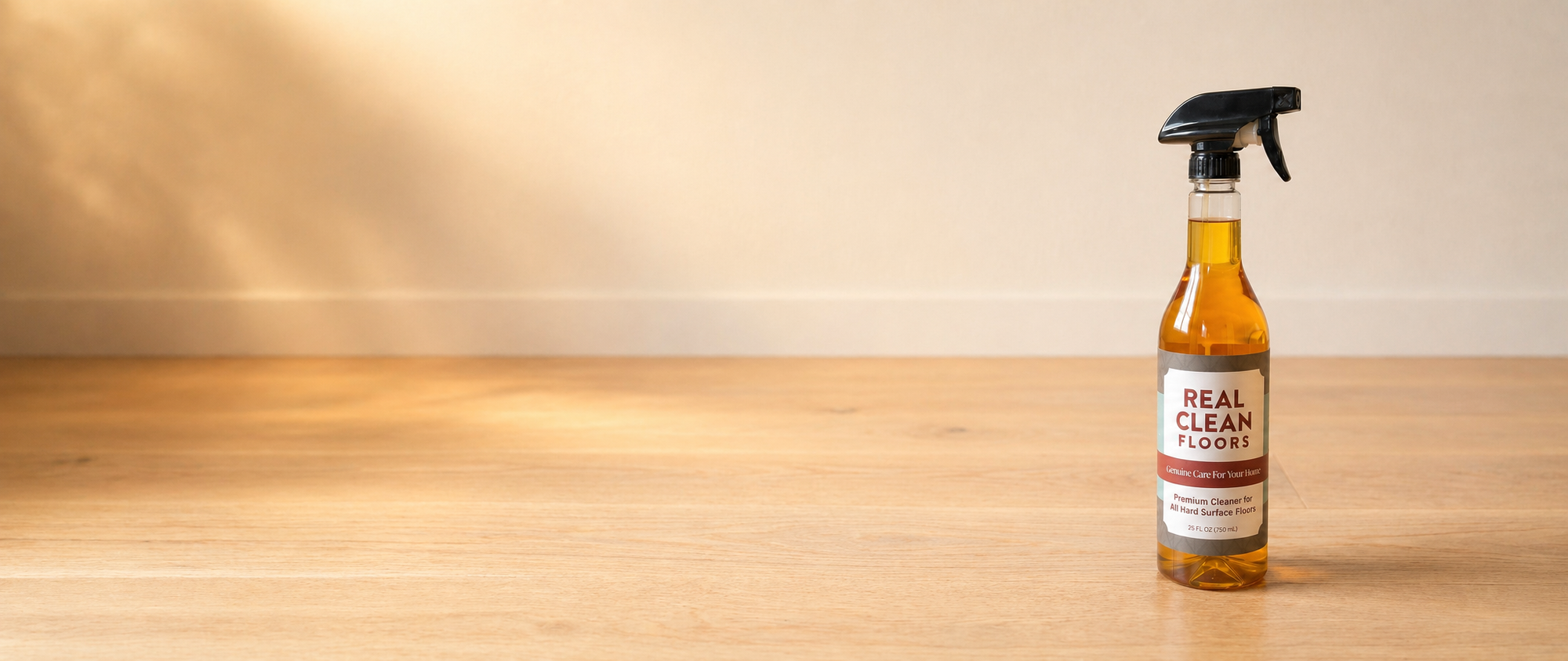 Bottle of 'Real Clean' cleaner on a wooden surface with a neutral background