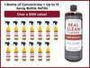 Real Clean Floors concentrate bottle with spray bottles infographic showing 13 spray bottle refills for every bottle of concentrate.