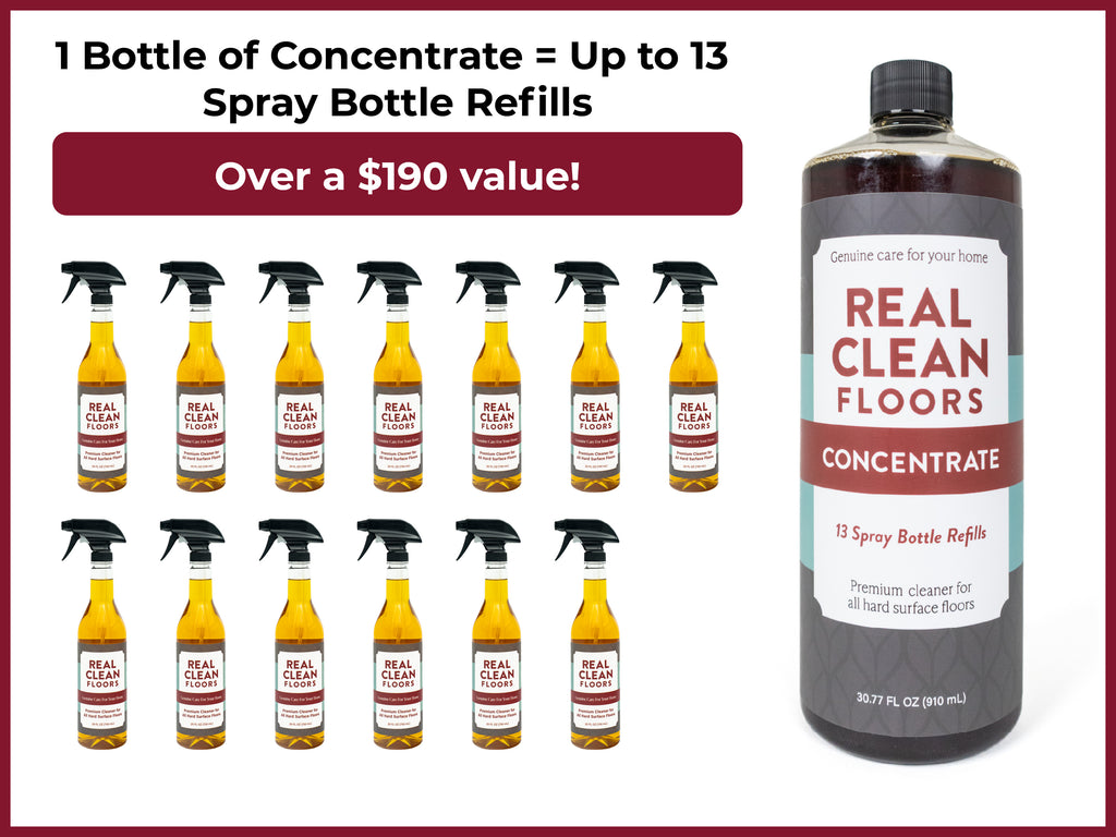 Real Clean Floors concentrate bottle with spray bottles infographic showing 13 spray bottle refills for every bottle of concentrate.