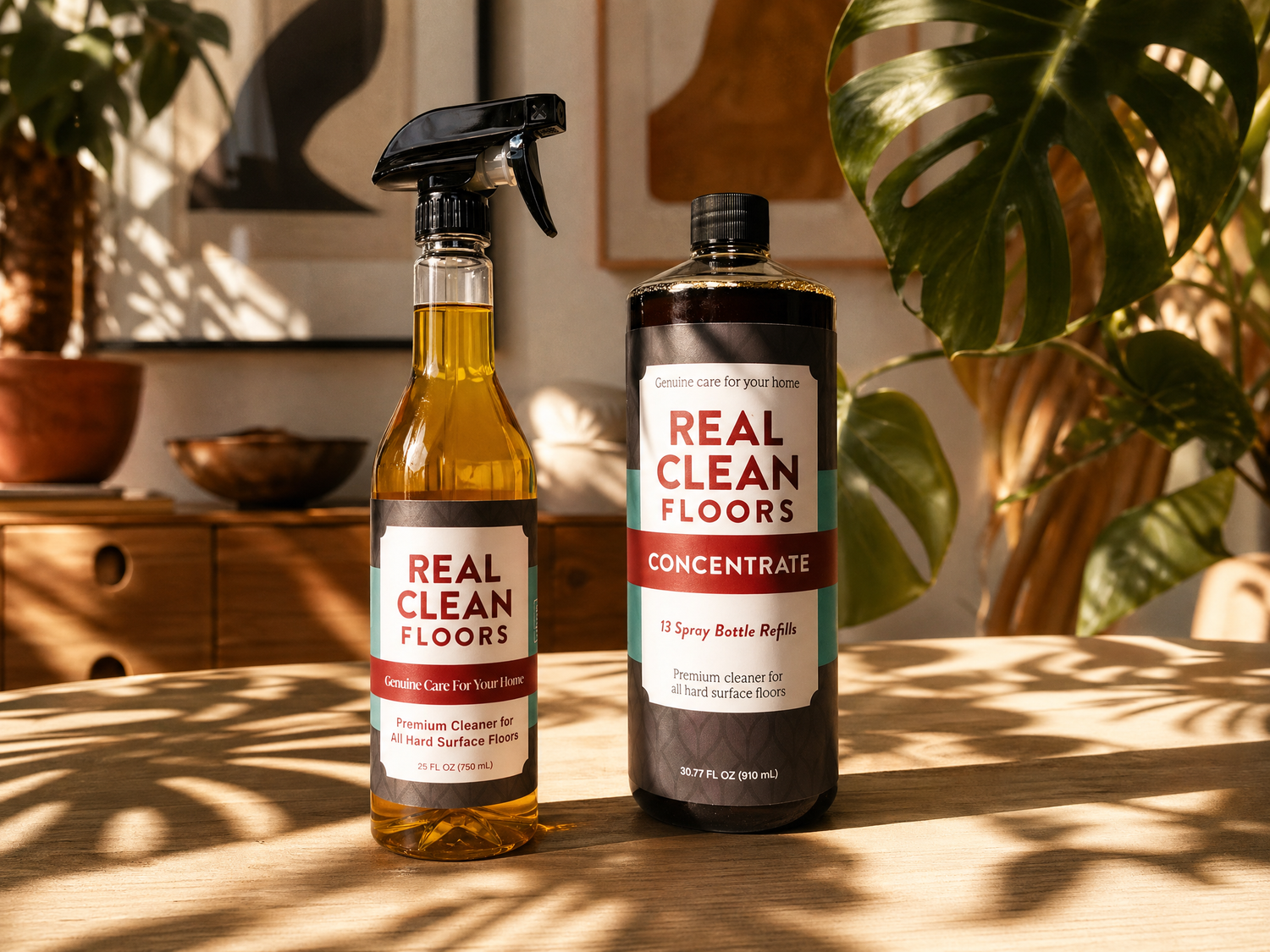 Two bottles of 'Real Clean Floors' products on a wooden surface with plants in the background.